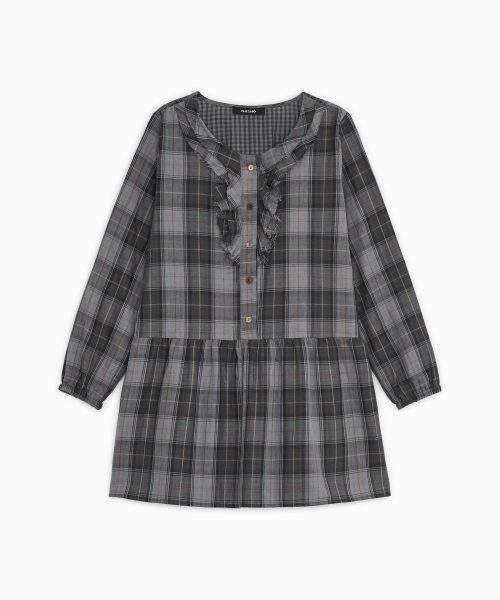OHESHIO（オヘシオ）の「VINTAGE RUFFLE DRESS, GRAY CHECK（ワンピース・レディース・その他・FREE）」の2枚目の写真