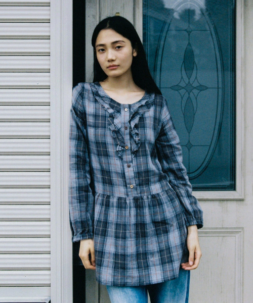 OHESHIO（オヘシオ）の「VINTAGE RUFFLE DRESS, GRAY CHECK（ワンピース・レディース・その他・FREE）」の6枚目の写真