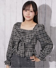ツイルチェック シャーリングリボンブラウス｜全4色