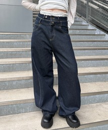 【S / Mサイズ展開】ダブルウエストバレルデニムパンツ