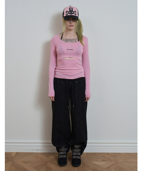 SETUP-EXE（セットアップイーエックスイー）の「STRIPED U-NECK SLIT TEE / ピンク（Tシャツ/カットソー・レディース・その他・OS）」の2枚目の写真