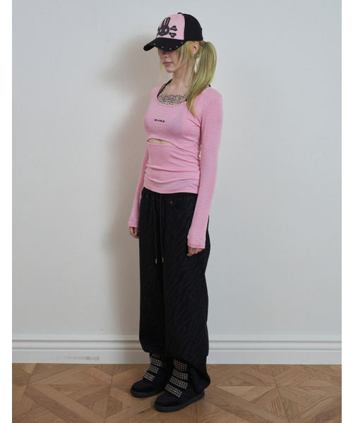 SETUP-EXE（セットアップイーエックスイー）の「STRIPED U-NECK SLIT TEE / ピンク（Tシャツ/カットソー・レディース・その他・OS）」の3枚目の写真