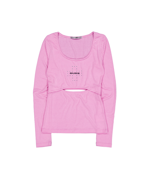 SETUP-EXE（セットアップイーエックスイー）の「STRIPED U-NECK SLIT TEE / ピンク（Tシャツ/カットソー・レディース・その他・OS）」の5枚目の写真