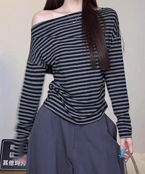 Vipoa(ヴィポア)の「'striped one-shoulder(Tシャツ/カットソー・レディース・グレー・FREE)」の10枚目の写真