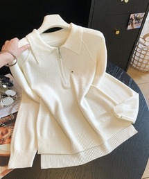襟付きハーフジップリブニットトップス