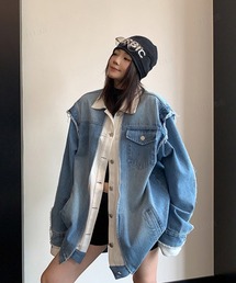 レイヤード風デザインバックロゴ刺繍デニムブルゾンジャケット