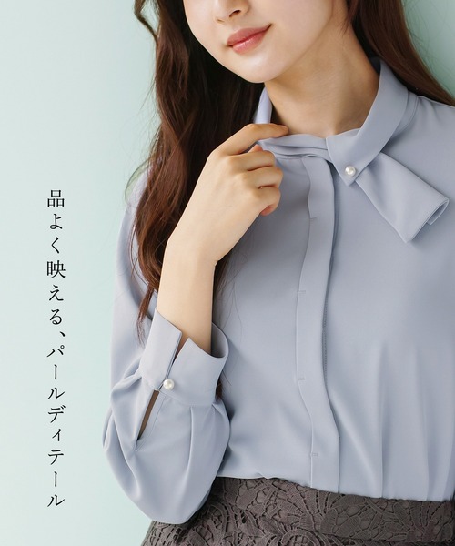 WHITE JOOLA（ホワイトジョーラ）の「【 通勤・セレモニー 】 アシメカラーボウタイブラウス（シャツ/ブラウス・レディース・サックスブルー/ホワイト/ベージュ・S/L/M）」の13枚目の写真
