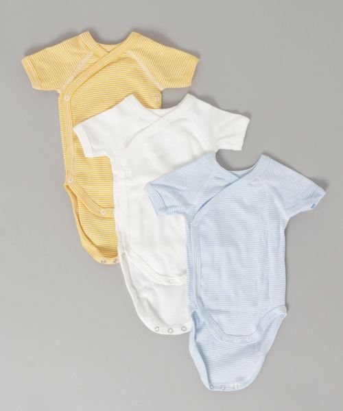 PETIT BATEAU(プチバトー)の「カラー&ミラレ半袖あわせボディ3枚組(肌着・キッズ・ブルー系その他・NewBorn/6MONTH/3MONTH/12MONTH)」の1枚目の写真