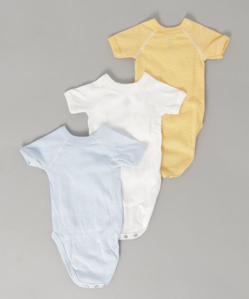 PETIT BATEAU(プチバトー)の「カラー&ミラレ半袖あわせボディ3枚組(肌着・キッズ・ブルー系その他・NewBorn/6MONTH/3MONTH/12MONTH)」の2枚目の写真