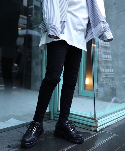 AFYF（エーエフワイエフ）の「AFYF BASIC OVSIZE SKINNY DENIM CRUSH/デニムオーバーサイズ ストレッチ スキニーパンツ クラッシュ（デニムパンツ・メンズ・ブラック/ライトインディゴブルー/ケミカルウォッシュ・SMALL/MEDIUM/LARGE）」の6枚目の写真