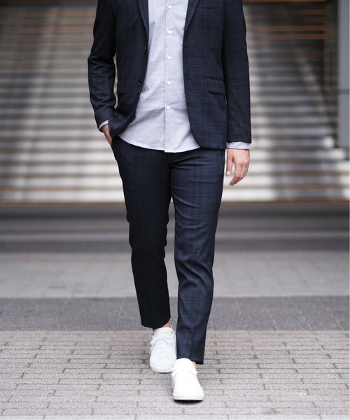 極美品】EDIFICEエディフィス/チェック柄/裾ダブルスラックス44ネイビー セール】メランジチェック テーパードパンツ（スラックス）｜EDIFICE