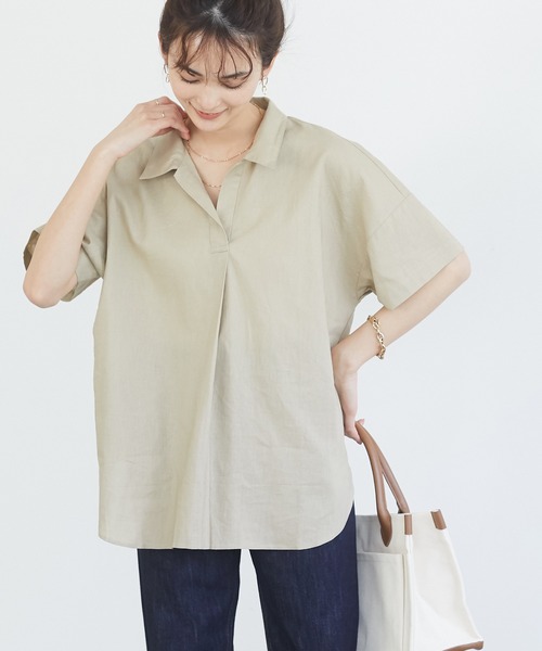 CRAFT STANDARD BOUTIQUE（クラフトスタンダードブティック）の「スキッパーリネンブレンドシャツ　＊◇（シャツ/ブラウス・レディース・ベージュ/ブルー系その他4/ネイビー/パープル/ストライプ/ブルー/オレンジ/アイボリー・FREE）」の3枚目の写真