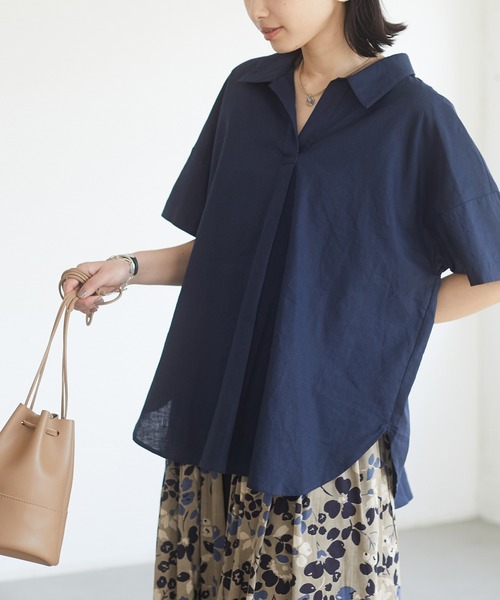 CRAFT STANDARD BOUTIQUE（クラフトスタンダードブティック）の「スキッパーリネンブレンドシャツ　＊◇（シャツ/ブラウス・レディース・ベージュ/ブルー系その他4/ネイビー/パープル/ストライプ/ブルー/オレンジ/アイボリー・FREE）」の4枚目の写真