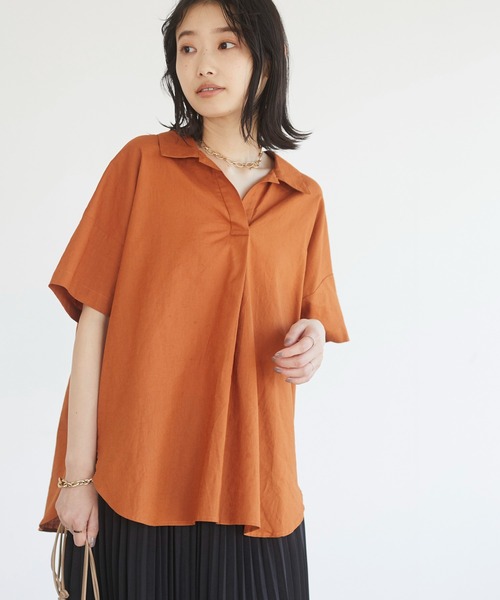 CRAFT STANDARD BOUTIQUE（クラフトスタンダードブティック）の「スキッパーリネンブレンドシャツ　＊◇（シャツ/ブラウス・レディース・ベージュ/ブルー系その他4/ネイビー/パープル/ストライプ/ブルー/オレンジ/アイボリー・FREE）」の8枚目の写真