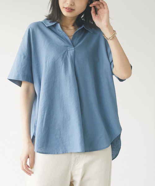 CRAFT STANDARD BOUTIQUE（クラフトスタンダードブティック）の「スキッパーリネンブレンドシャツ　＊◇（シャツ/ブラウス・レディース・ベージュ/ブルー系その他4/ネイビー/パープル/ストライプ/ブルー/オレンジ/アイボリー・FREE）」の5枚目の写真