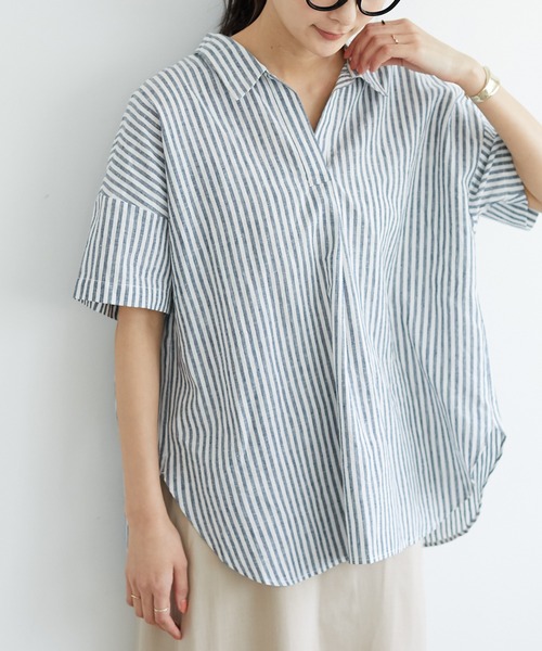 CRAFT STANDARD BOUTIQUE（クラフトスタンダードブティック）の「スキッパーリネンブレンドシャツ　＊◇（シャツ/ブラウス・レディース・ベージュ/ブルー系その他4/ネイビー/パープル/ストライプ/ブルー/オレンジ/アイボリー・FREE）」の6枚目の写真