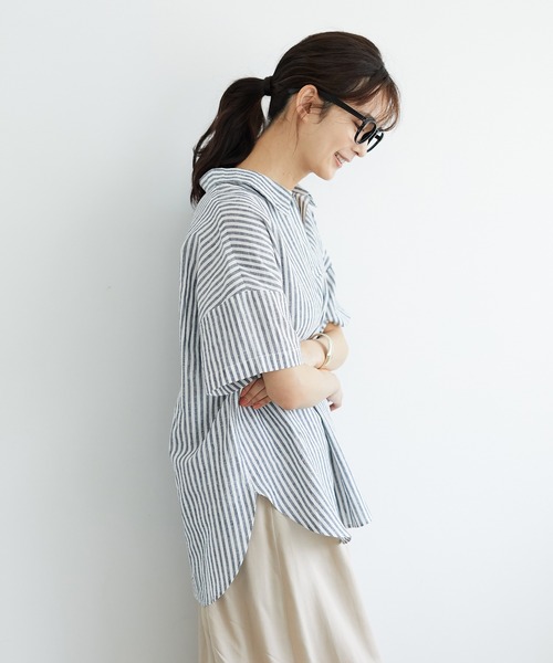 CRAFT STANDARD BOUTIQUE（クラフトスタンダードブティック）の「スキッパーリネンブレンドシャツ　＊◇（シャツ/ブラウス・レディース・ベージュ/ブルー系その他4/ネイビー/パープル/ストライプ/ブルー/オレンジ/アイボリー・FREE）」の12枚目の写真