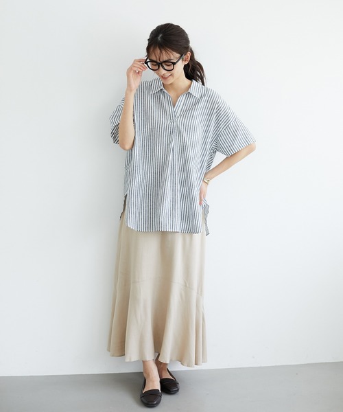 CRAFT STANDARD BOUTIQUE（クラフトスタンダードブティック）の「スキッパーリネンブレンドシャツ　＊◇（シャツ/ブラウス・レディース・ベージュ/ブルー系その他4/ネイビー/パープル/ストライプ/ブルー/オレンジ/アイボリー・FREE）」の9枚目の写真