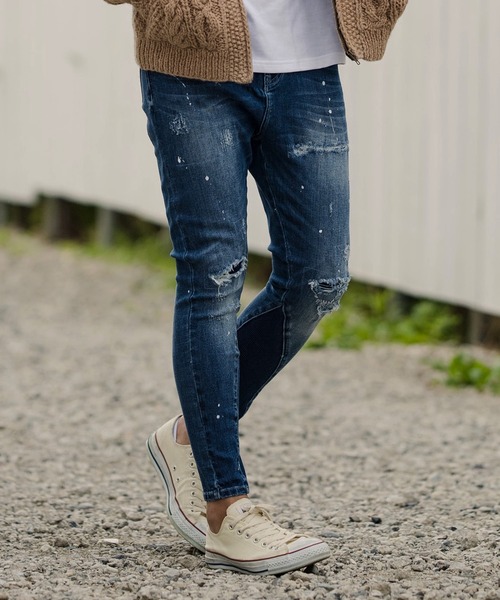 CAMBIO（カンビオ）の「mp9083-Damage Paint Stretch Denim Skinny Rib Pants パンツ（デニムパンツ・メンズ・ブラック/インディゴブルー/ダークインディゴブルー・M/S/L）」の5枚目の写真