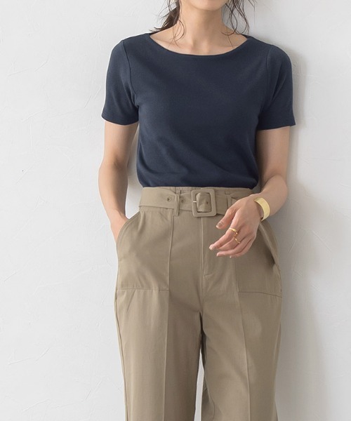 Pierrot(ピエロ)の「ネックが選べる半袖テレコリブカットソー(Tシャツ/カットソー・レディース・ブラック/ネイビー/オフホワイト/ブルー/モカ/ホワイト系その他/ブラック系その他/杢グレー/ピンクベージュ/グレー系その他/ブラウン系その他/ブルー系その他/ブルー系その他2/ピンク系その他・M/L)」の11枚目の写真