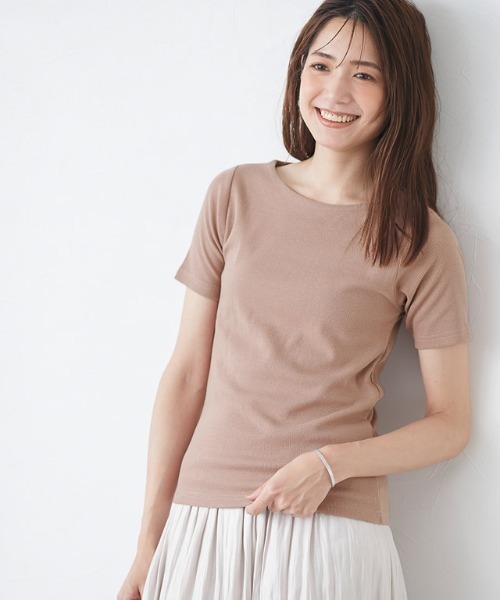 Pierrot(ピエロ)の「ネックが選べる半袖テレコリブカットソー(Tシャツ/カットソー・レディース・ブラック/ネイビー/オフホワイト/ブルー/モカ/ホワイト系その他/ブラック系その他/杢グレー/ピンクベージュ/グレー系その他/ブラウン系その他/ブルー系その他/ブルー系その他2/ピンク系その他・M/L)」の14枚目の写真