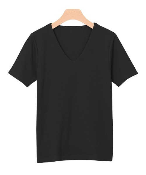 Pierrot(ピエロ)の「ネックが選べる半袖テレコリブカットソー(Tシャツ/カットソー・レディース・ブラック/ネイビー/オフホワイト/ブルー/モカ/ホワイト系その他/ブラック系その他/杢グレー/ピンクベージュ/グレー系その他/ブラウン系その他/ブルー系その他/ブルー系その他2/ピンク系その他・M/L)」の3枚目の写真