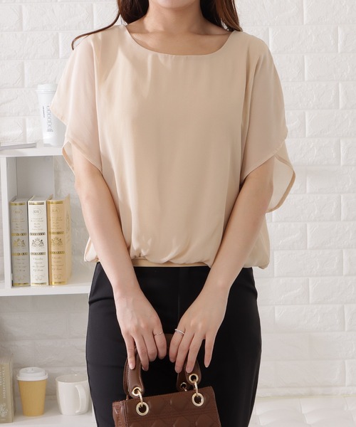 フリル付きシフォン半袖トップス ブラック フリル半袖シフォンブラウス（シャツ/ブラウス）｜Lace Ladies