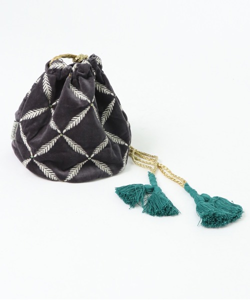 salle de bal（サルデバル）の「【 Craft India by PEAPOD 】 刺繍＆ビーズ バッグ ミラーミラー/リーフネスト 巾着バック FRH（ショルダーバッグ・レディース・ライトグレー/カーキ/イエロー/ダークグレー・FREE）」の2枚目の写真