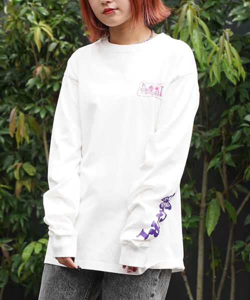 X-girl(エックスガール)の「FLOWERS LOGO L/S TEE(Tシャツ/カットソー・レディース・ベージュ/ホワイト/チャコール・S/XL/M/L)」の4枚目の写真