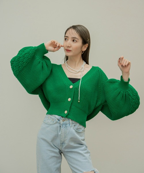 ♥♠新品未使用！レースバルーン袖フリルデザインセーター　グリーン　４４ ♥♤新品未使用！レースバルーン袖フリルデザインセーター