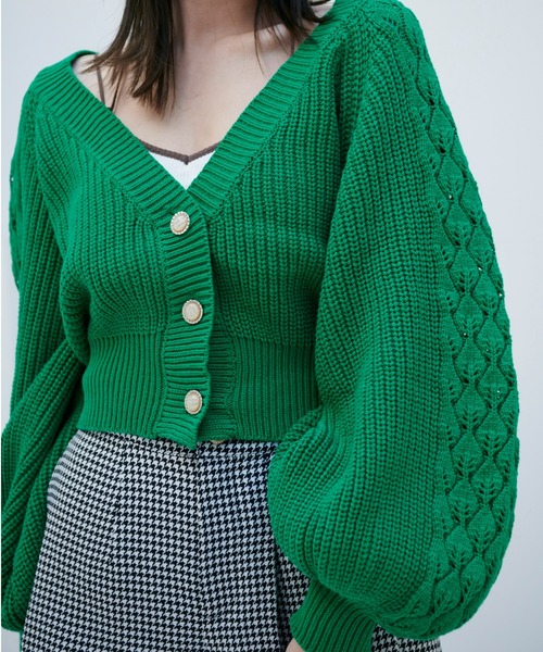 ♥♠新品未使用！レースバルーン袖フリルデザインセーター　グリーン　４４ ♥♤新品未使用！レースバルーン袖フリルデザインセーター