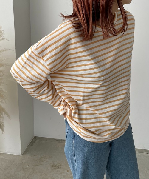 210nouve（トゥージュヌーブ）の「ミニ裏毛カラーボーダーロングTシャツ（Tシャツ/カットソー・レディース・ブラック/イエロー/ミント/ピンク/モカ・FREE）」の4枚目の写真