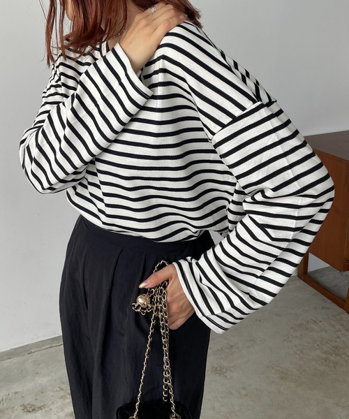 210nouve（トゥージュヌーブ）の「ミニ裏毛カラーボーダーロングTシャツ（Tシャツ/カットソー・レディース・ブラック/イエロー/ミント/ピンク/モカ・FREE）」の2枚目の写真