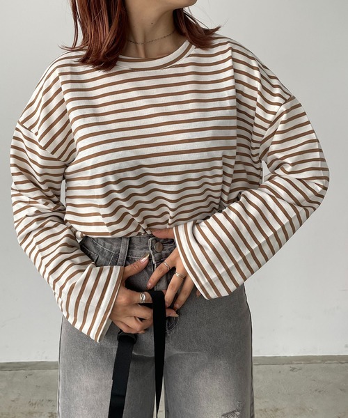 210nouve（トゥージュヌーブ）の「ミニ裏毛カラーボーダーロングTシャツ（Tシャツ/カットソー・レディース・ブラック/イエロー/ミント/ピンク/モカ・FREE）」の3枚目の写真