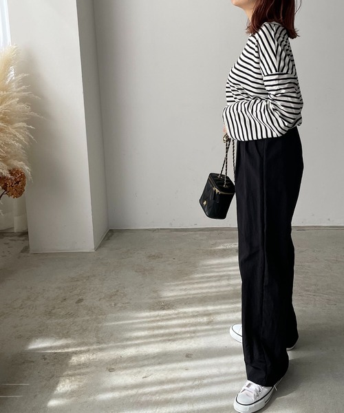 210nouve（トゥージュヌーブ）の「ミニ裏毛カラーボーダーロングTシャツ（Tシャツ/カットソー・レディース・ブラック/イエロー/ミント/ピンク/モカ・FREE）」の12枚目の写真