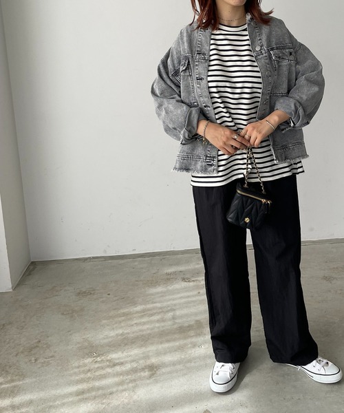 210nouve（トゥージュヌーブ）の「ミニ裏毛カラーボーダーロングTシャツ（Tシャツ/カットソー・レディース・ブラック/イエロー/ミント/ピンク/モカ・FREE）」の6枚目の写真