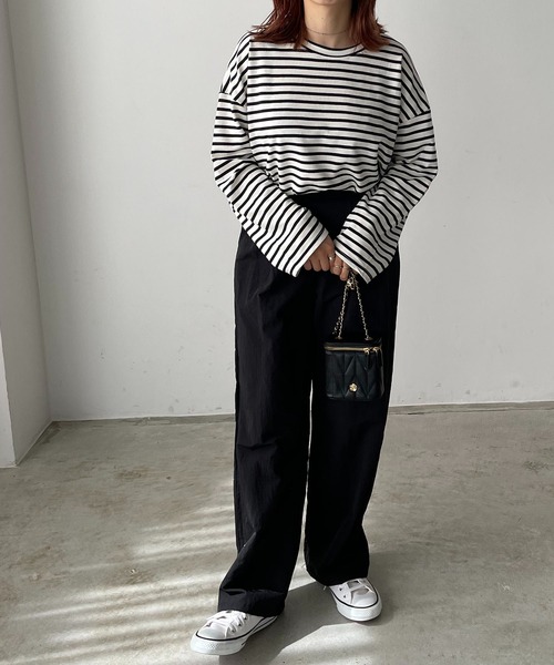 210nouve（トゥージュヌーブ）の「ミニ裏毛カラーボーダーロングTシャツ（Tシャツ/カットソー・レディース・ブラック/イエロー/ミント/ピンク/モカ・FREE）」の7枚目の写真