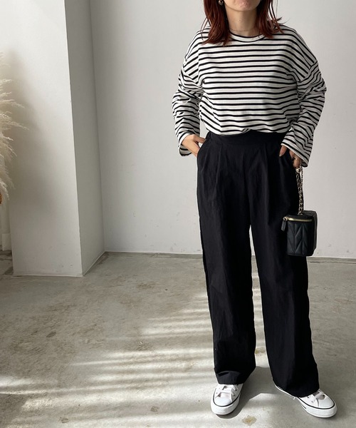 210nouve（トゥージュヌーブ）の「ミニ裏毛カラーボーダーロングTシャツ（Tシャツ/カットソー・レディース・ブラック/イエロー/ミント/ピンク/モカ・FREE）」の10枚目の写真