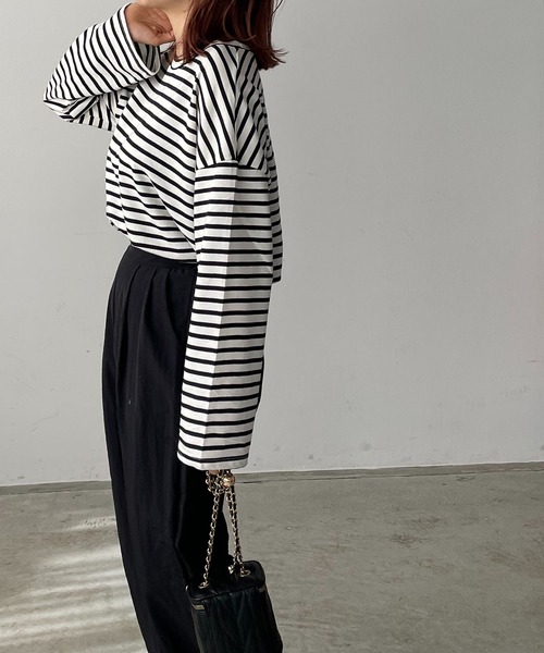 210nouve（トゥージュヌーブ）の「ミニ裏毛カラーボーダーロングTシャツ（Tシャツ/カットソー・レディース・ブラック/イエロー/ミント/ピンク/モカ・FREE）」の14枚目の写真