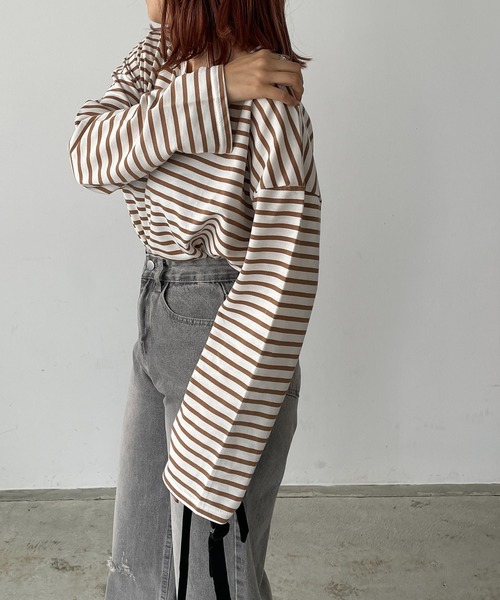 210nouve（トゥージュヌーブ）の「ミニ裏毛カラーボーダーロングTシャツ（Tシャツ/カットソー・レディース・ブラック/イエロー/ミント/ピンク/モカ・FREE）」の22枚目の写真