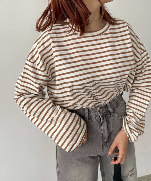 210nouve（トゥージュヌーブ）の「ミニ裏毛カラーボーダーロングTシャツ（Tシャツ/カットソー・レディース・ブラック/イエロー/ミント/ピンク/モカ・FREE）」の20枚目の写真