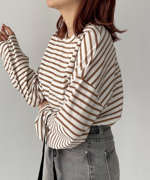 210nouve（トゥージュヌーブ）の「ミニ裏毛カラーボーダーロングTシャツ（Tシャツ/カットソー・レディース・ブラック/イエロー/ミント/ピンク/モカ・FREE）」の21枚目の写真