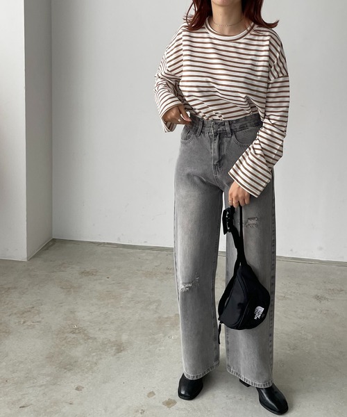 210nouve（トゥージュヌーブ）の「ミニ裏毛カラーボーダーロングTシャツ（Tシャツ/カットソー・レディース・ブラック/イエロー/ミント/ピンク/モカ・FREE）」の19枚目の写真