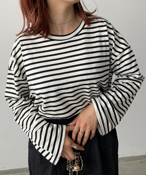 210nouve（トゥージュヌーブ）の「ミニ裏毛カラーボーダーロングTシャツ（Tシャツ/カットソー・レディース・ブラック/イエロー/ミント/ピンク/モカ・FREE）」の8枚目の写真