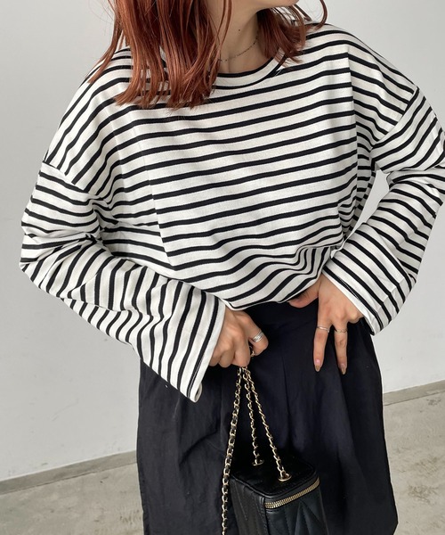 210nouve（トゥージュヌーブ）の「ミニ裏毛カラーボーダーロングTシャツ（Tシャツ/カットソー・レディース・ブラック/イエロー/ミント/ピンク/モカ・FREE）」の9枚目の写真