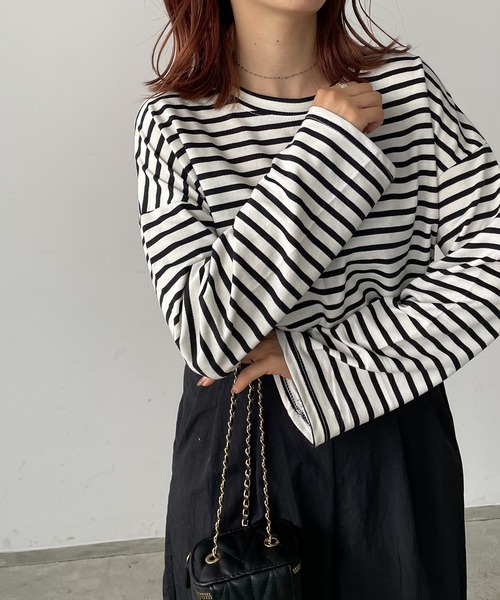 210nouve（トゥージュヌーブ）の「ミニ裏毛カラーボーダーロングTシャツ（Tシャツ/カットソー・レディース・ブラック/イエロー/ミント/ピンク/モカ・FREE）」の11枚目の写真