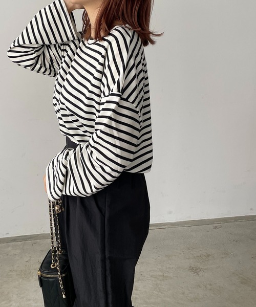 210nouve（トゥージュヌーブ）の「ミニ裏毛カラーボーダーロングTシャツ（Tシャツ/カットソー・レディース・ブラック/イエロー/ミント/ピンク/モカ・FREE）」の13枚目の写真