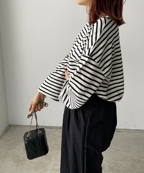 210nouve（トゥージュヌーブ）の「ミニ裏毛カラーボーダーロングTシャツ（Tシャツ/カットソー・レディース・ブラック/イエロー/ミント/ピンク/モカ・FREE）」の15枚目の写真