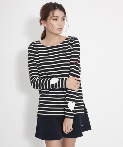 MILKFED.(ミルクフェド)の「STRIPE L/S 2WAY TOP (トップス/バスクシャツ/カーディガン/ボーダー/ハート)(Tシャツ/カットソー・レディース・ブラック/ピンク/ネイビー・SMALL/MEDIUM)」の2枚目の写真