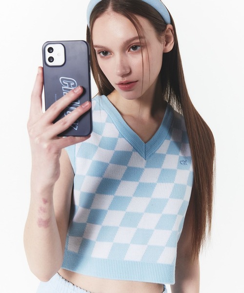 CHUCK(チャック)の「CHUCK/CHECK CROPニットVEST 2280030(ベスト・レディース・ライトブルー・FREE)」の1枚目の写真